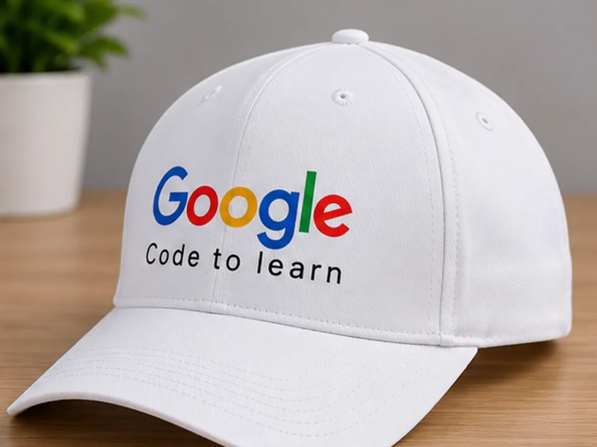 White cap printed with the Google Code to Learn logo