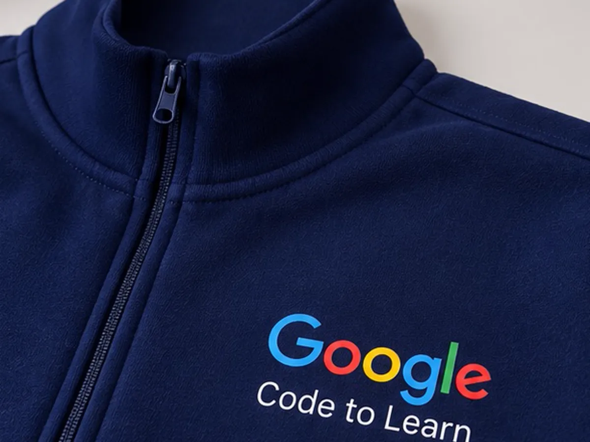 Chest print and zip detail of the navy Google Code to Learn sweatshirt
