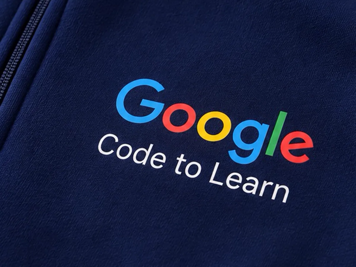 Close-up of the screen printed Google Code to Learn logo on the navy sweatshirt