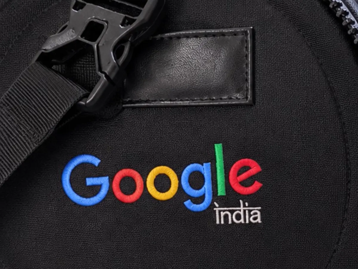 Close-up of the Google India logo printed on the duffle bag end panel