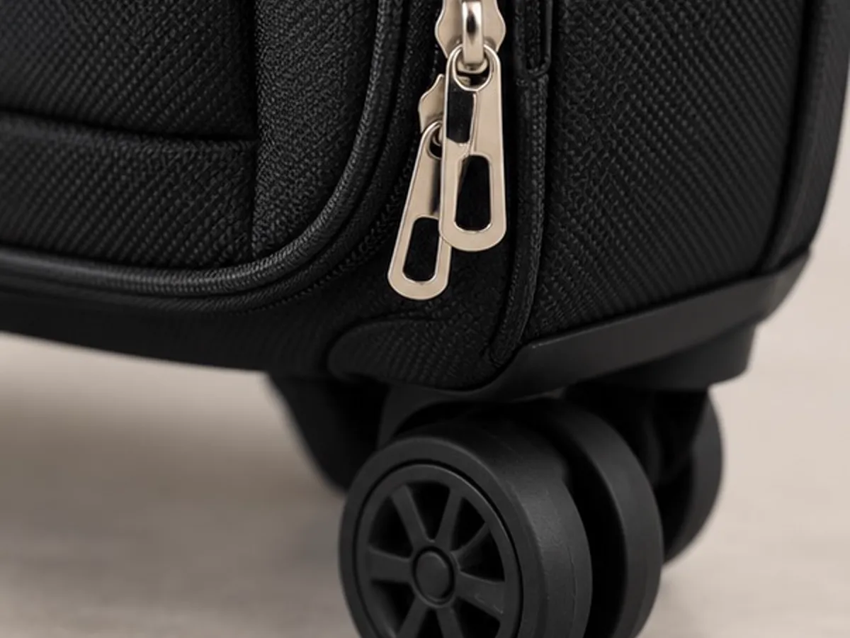 Close-up of the zip pulls and spinner wheel on the Google branded luggage bag