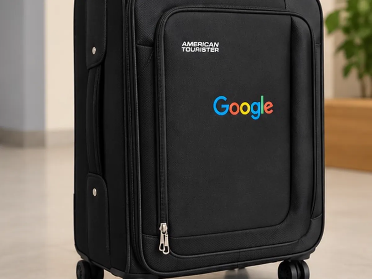 Angled view of the black Google branded cabin luggage bag