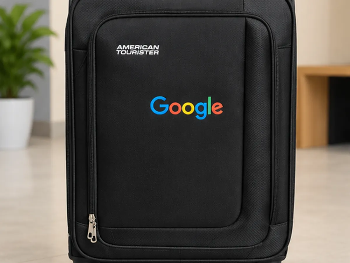 Black cabin luggage bag branded with the Google logo on the front pocket