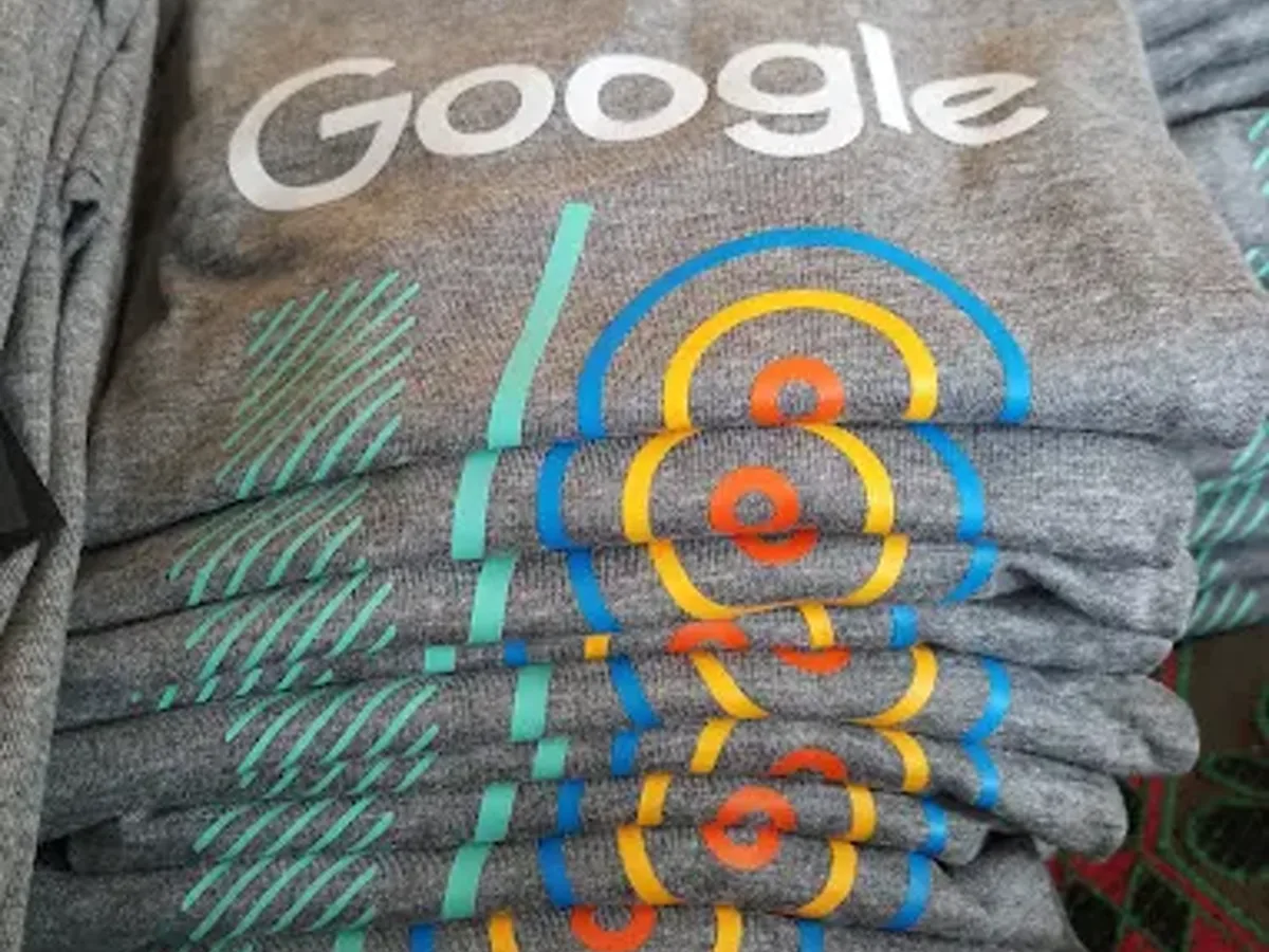Grey cotton T-shirts screen printed with the Google logo and colourful graphic, stacked in bulk