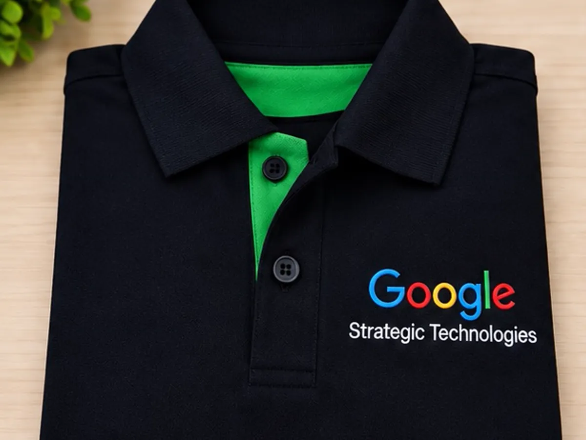 Black Google Strategic Technologies cotton polo T-shirt with embroidered chest logo and green inner placket