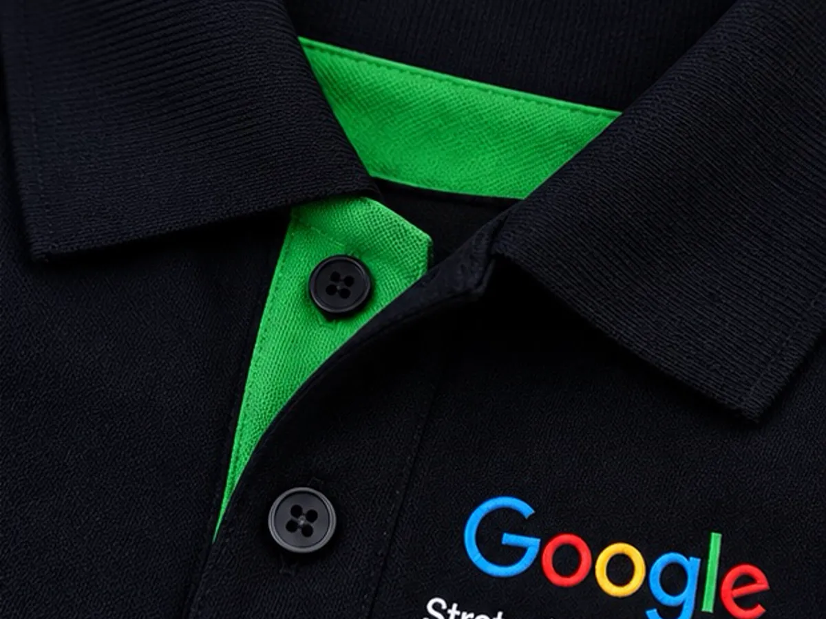 Collar, placket and embroidered logo view of the Google Strategic Technologies polo T-shirt