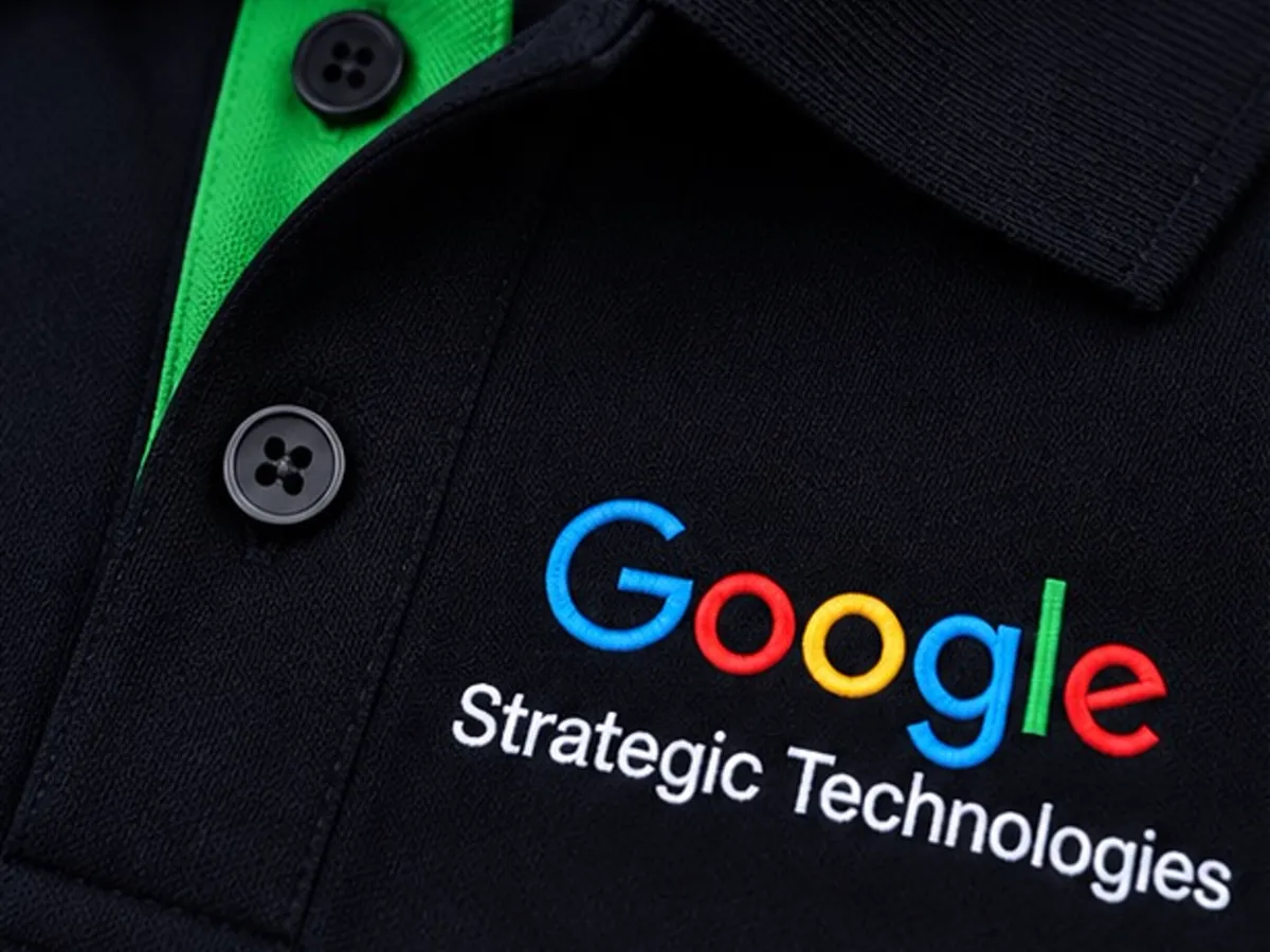 Close-up of the embroidered Google Strategic Technologies logo on the polo T-shirt