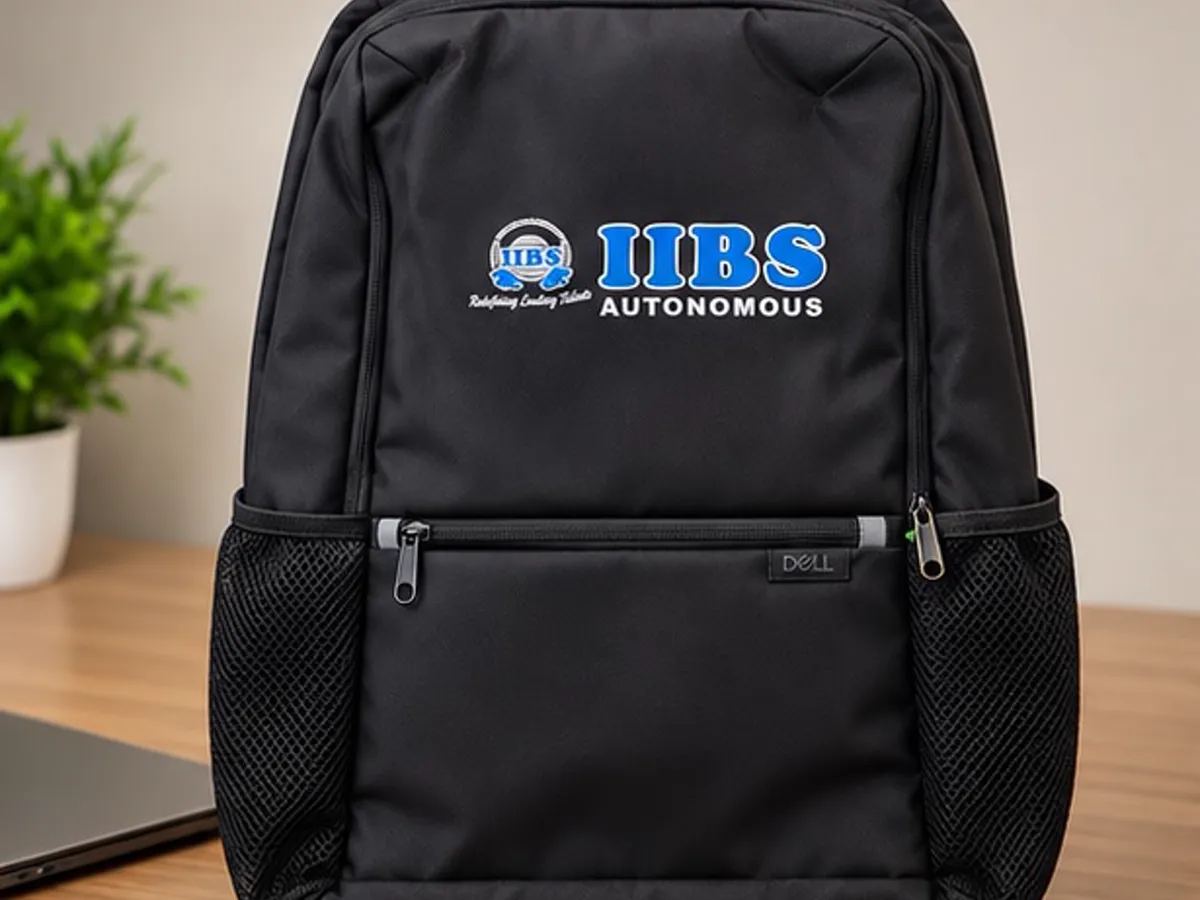 Black IIBS Autonomous backpack with DTF printed blue and white logo