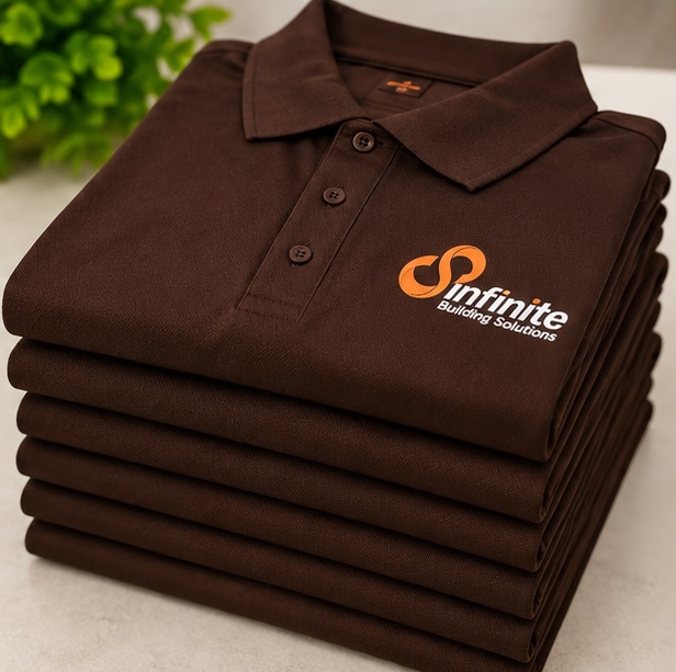 Stack of folded brown Infinite Building Solutions polo T-shirts