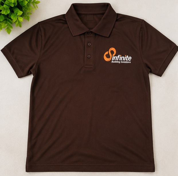 Brown Infinite Building Solutions cotton polo T-shirt with screen printed chest logo
