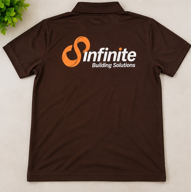 Back of the brown Infinite Building Solutions polo T-shirt with large screen printed logo