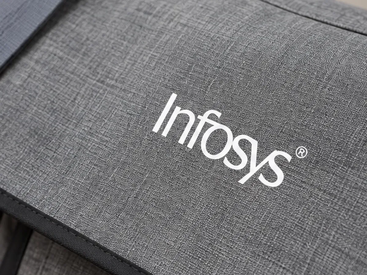 Close-up of the screen printed Infosys logo on the messenger bag flap