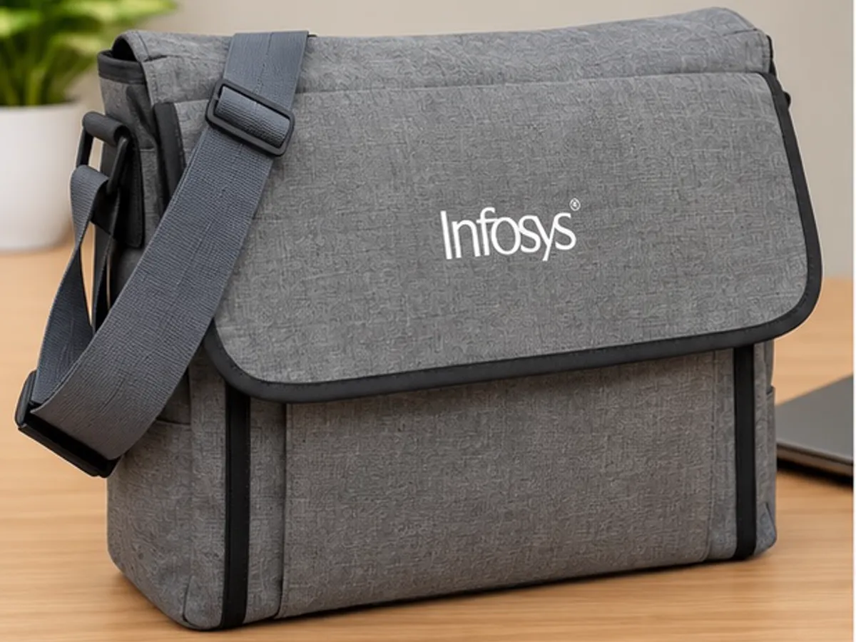 Angled view of the grey Infosys branded messenger bag with shoulder strap