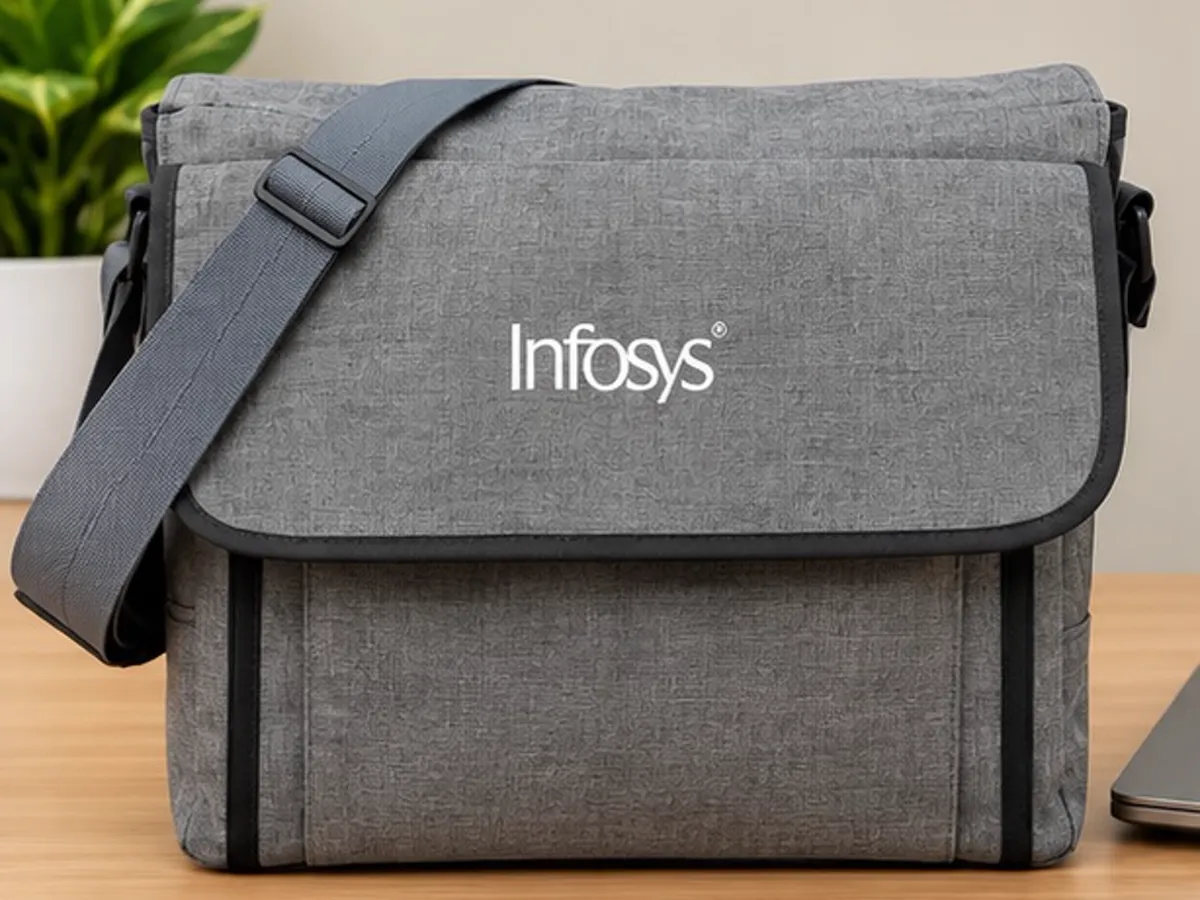 Grey Infosys messenger bag with screen printed white logo on the flap