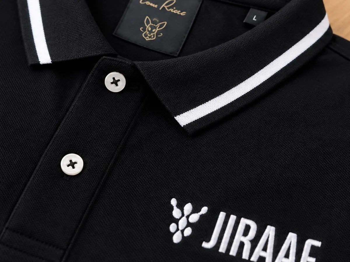 Close-up of the black Jiraaf cotton polo collar and white chest logo