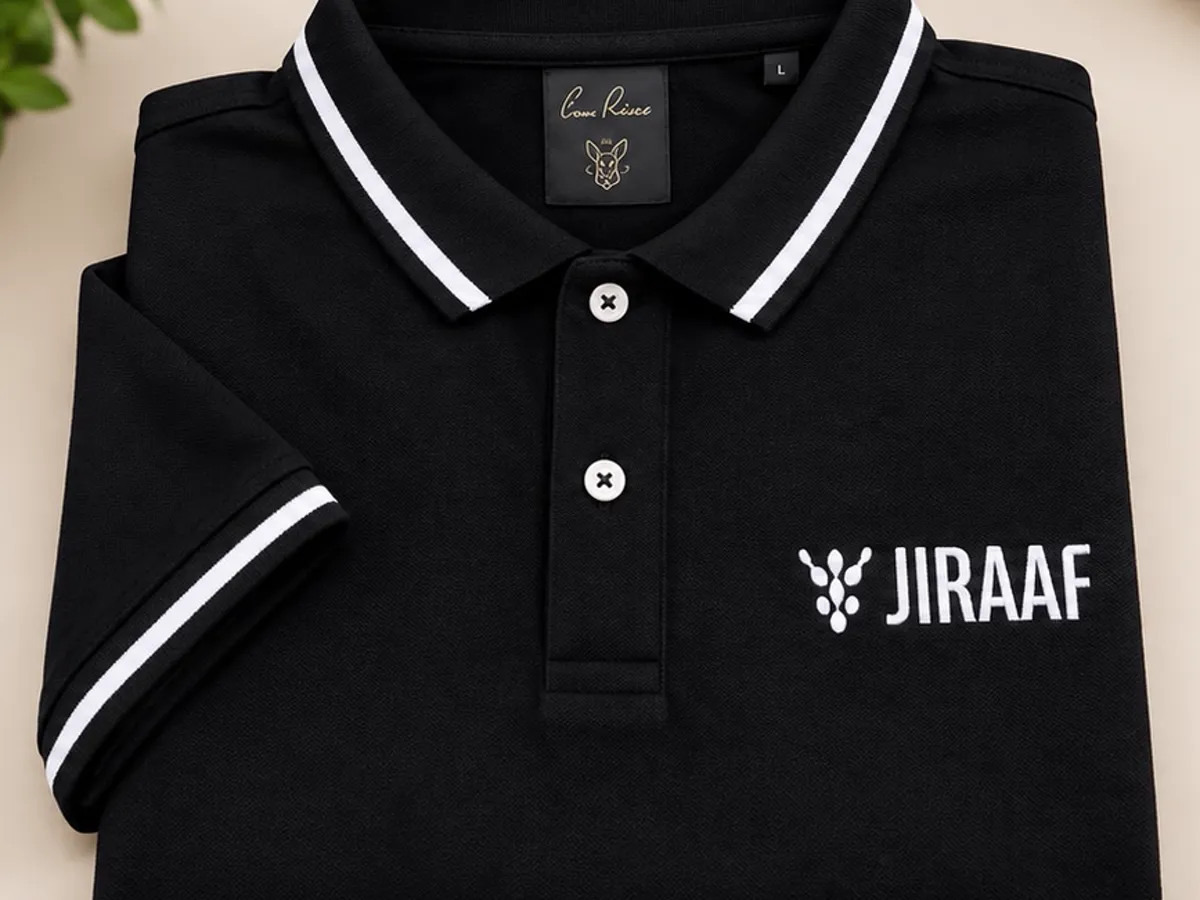 Folded black Jiraaf cotton polo T-shirt with white tipped collar and screen printed chest logo