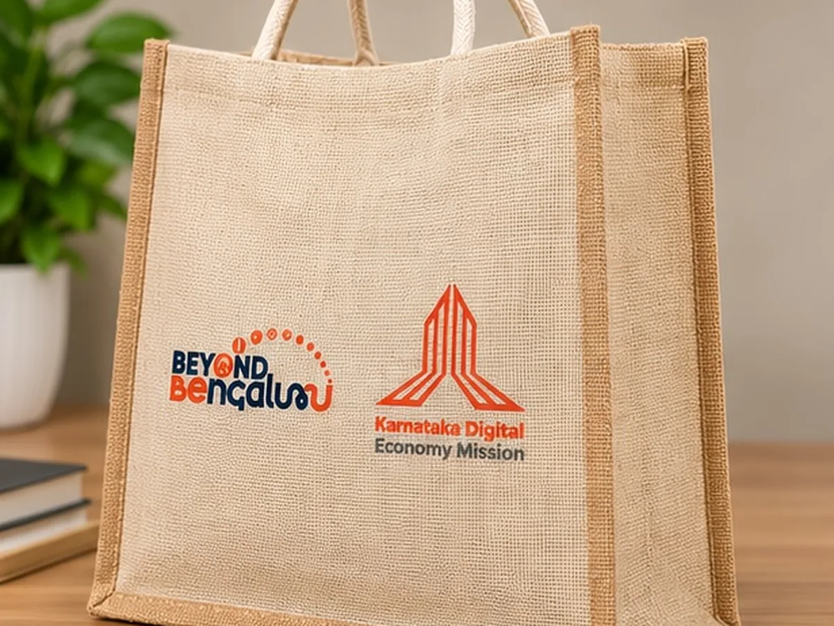 Angled view of the printed Beyond Bengaluru and KDEM jute bag
