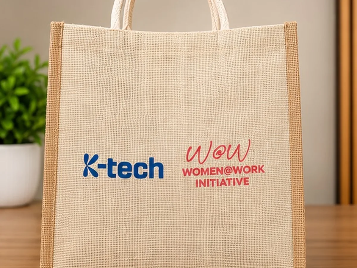 Jute bag printed with K-tech and Women@Work Initiative logos
