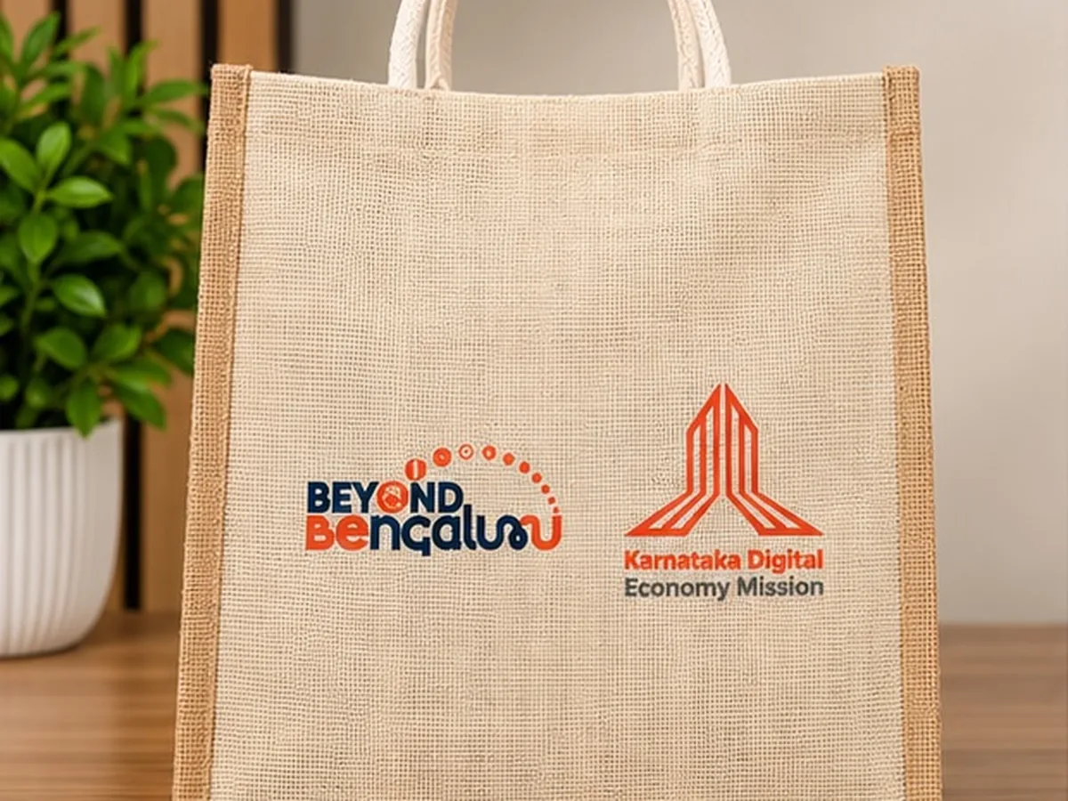 Jute bag printed with Beyond Bengaluru and Karnataka Digital Economy Mission logos