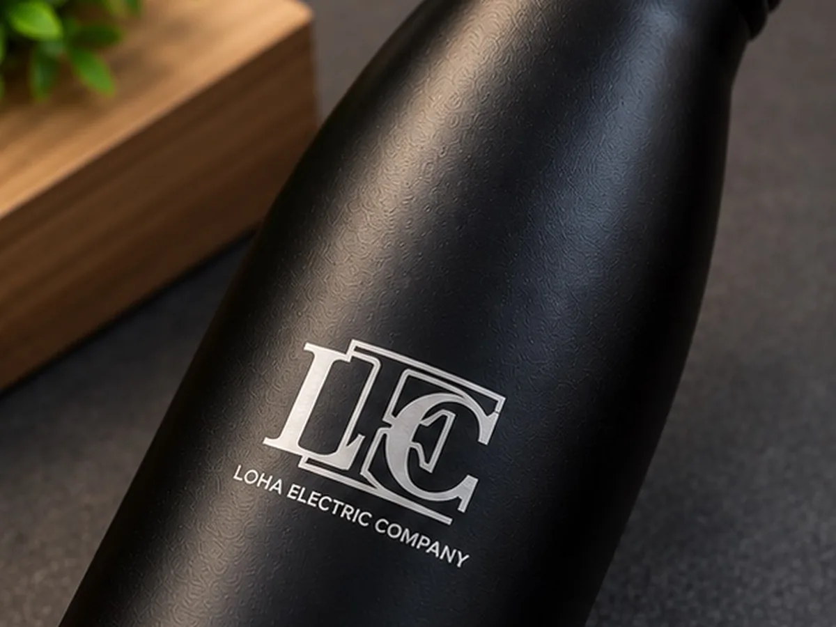 Close-up of the engraved Loha Electric Company logo on a black bottle