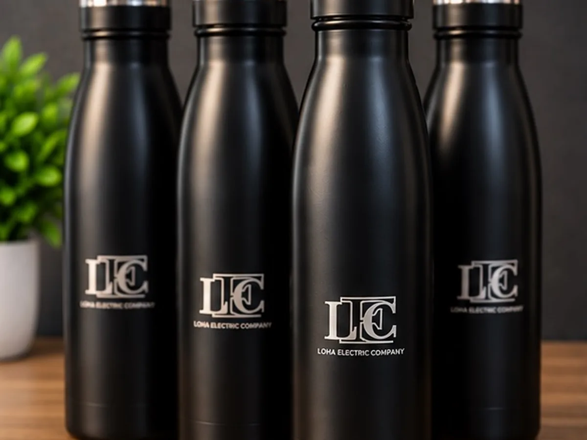 Matte black Loha Electric Company bottles with engraved LEC logo