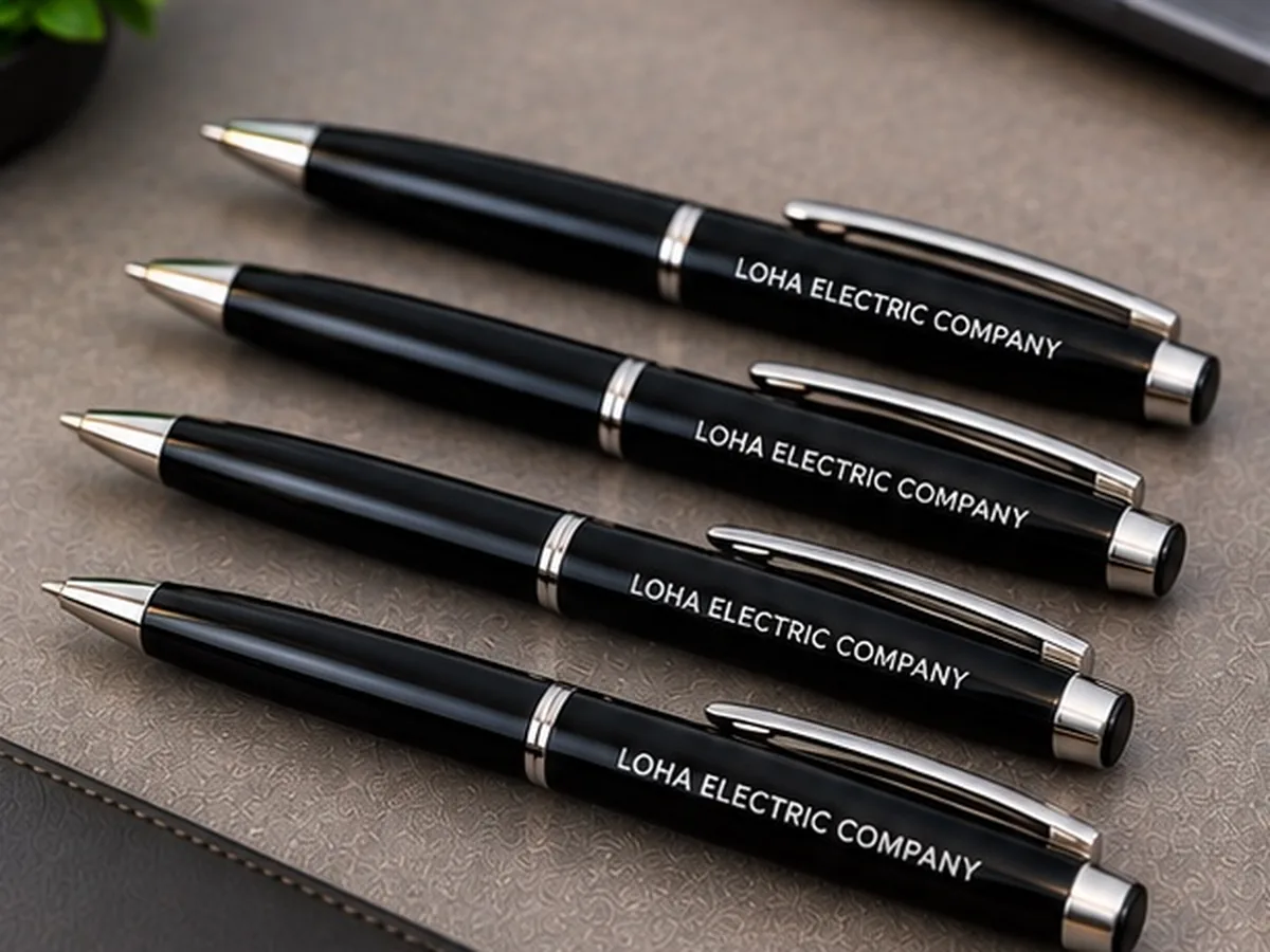 Black metal pens engraved with the Loha Electric Company name