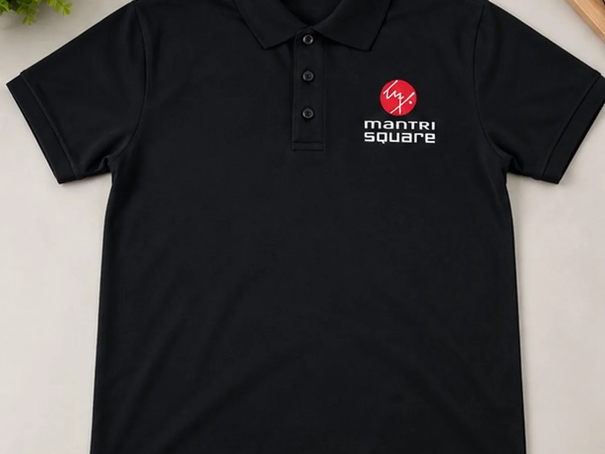 Black Mantri Square polo T-shirt with red and white screen printed chest logo