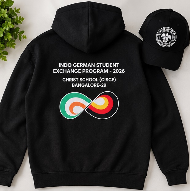 Back of the black Mojo hoodie with DTF printed student exchange artwork and matching cap