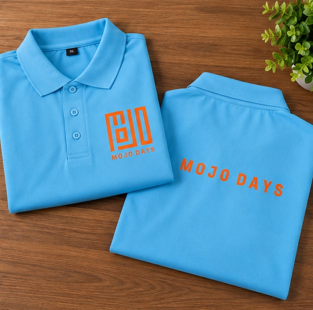Blue Mojo polo T-shirts showing the front and back DTF printed artwork