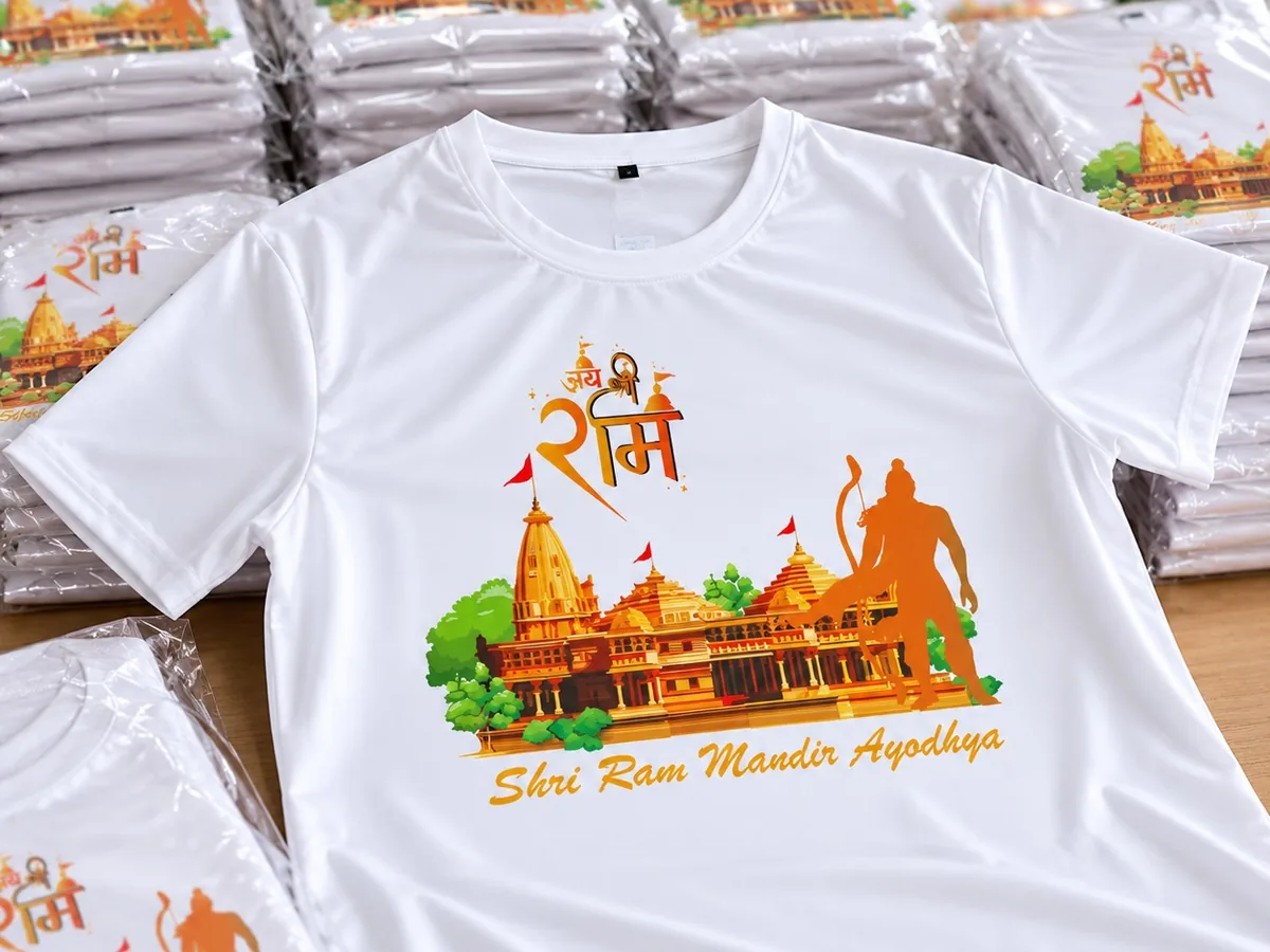 White polyester T-shirt sublimation printed with Shri Ram Mandir Ayodhya artwork, packed in bulk
