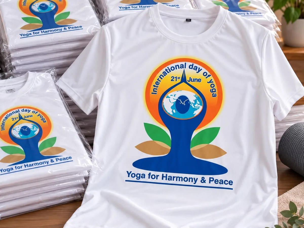 White polyester T-shirts sublimation printed with International Day of Yoga artwork, packed in bulk
