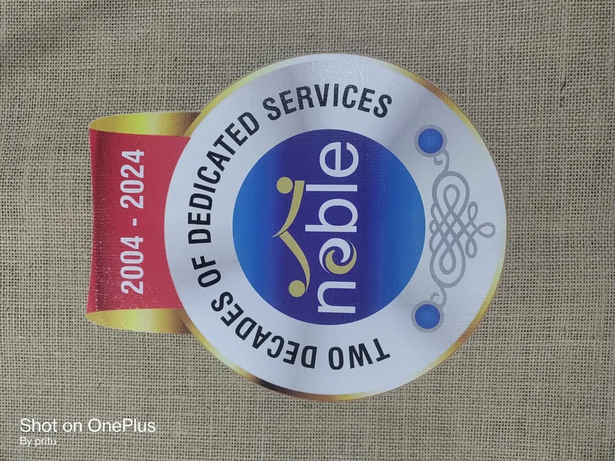 Close-up of the Nobel anniversary badge printed on the jute bag fabric