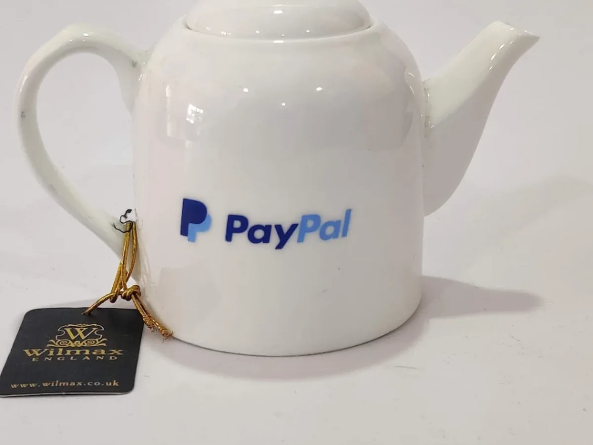 White ceramic tea pot UV printed with the PayPal logo