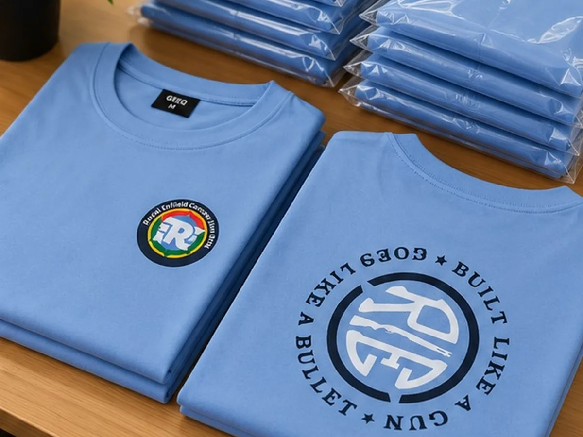Light blue cotton T-shirts DTF printed for Royal Enfield Store BTM, folded and bulk packed