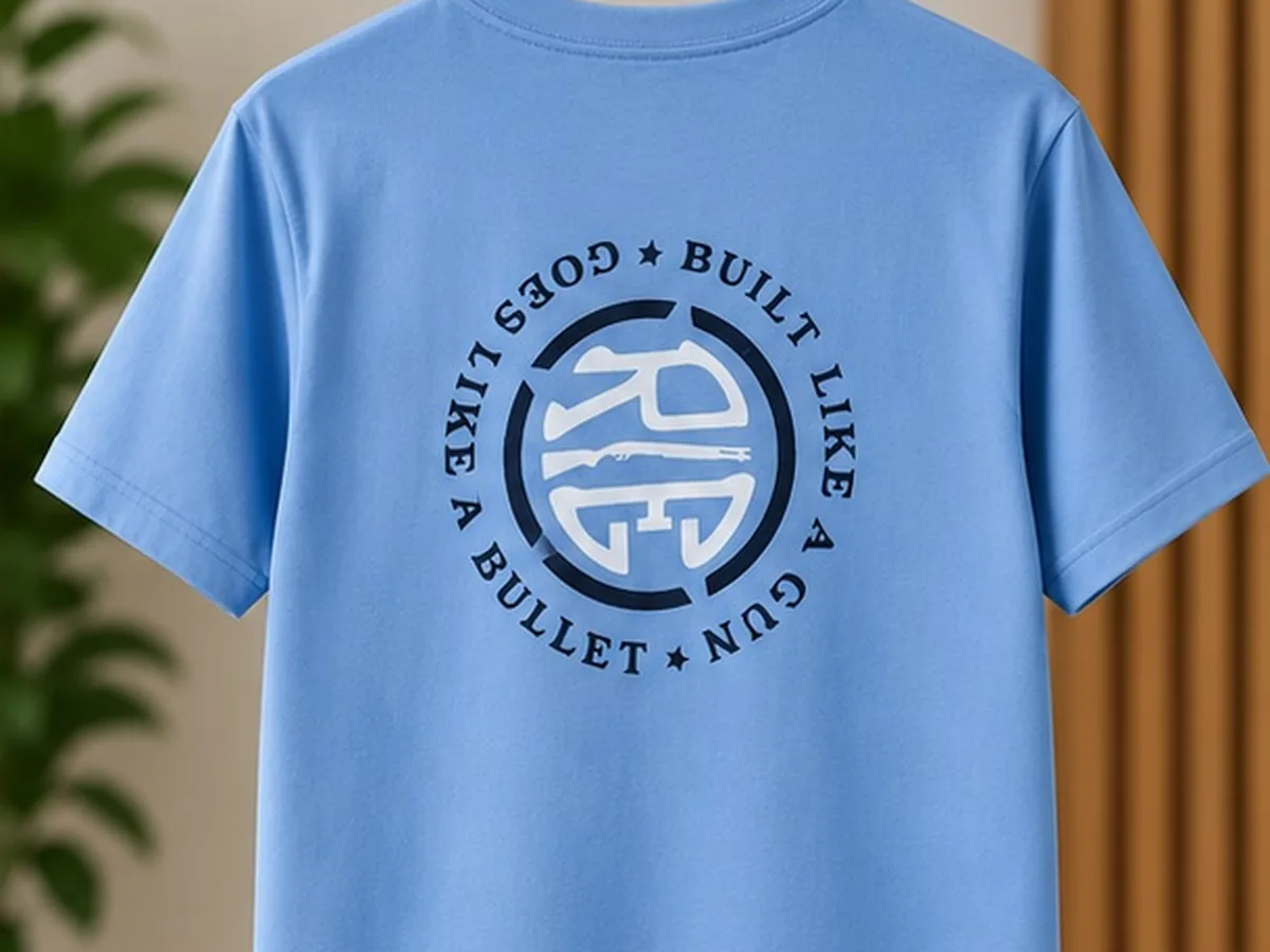 Back of the light blue T-shirt with the large circular Royal Enfield print