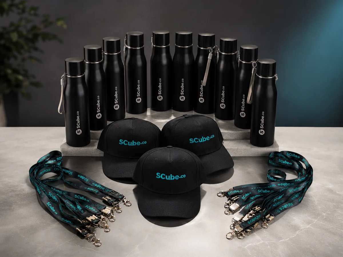 SCube branded black bottles with engraved logo, printed caps and printed lanyards produced by Customprintz