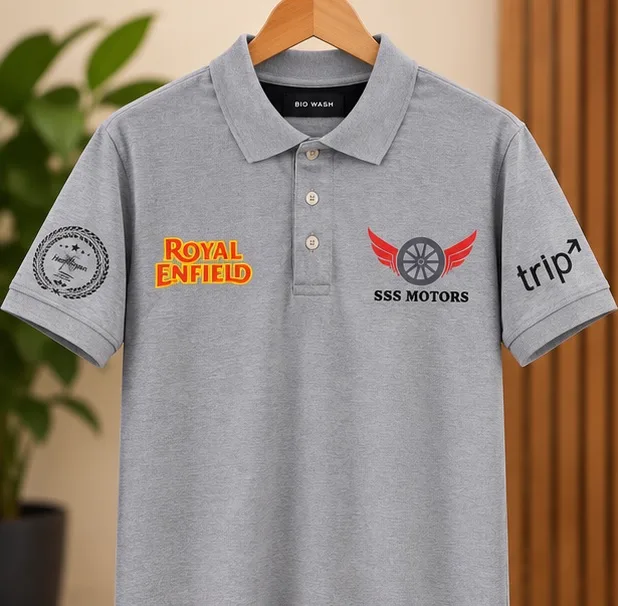 Grey SSS Motors cotton polo T-shirt with screen printed Royal Enfield, SSS Motors and trip logos