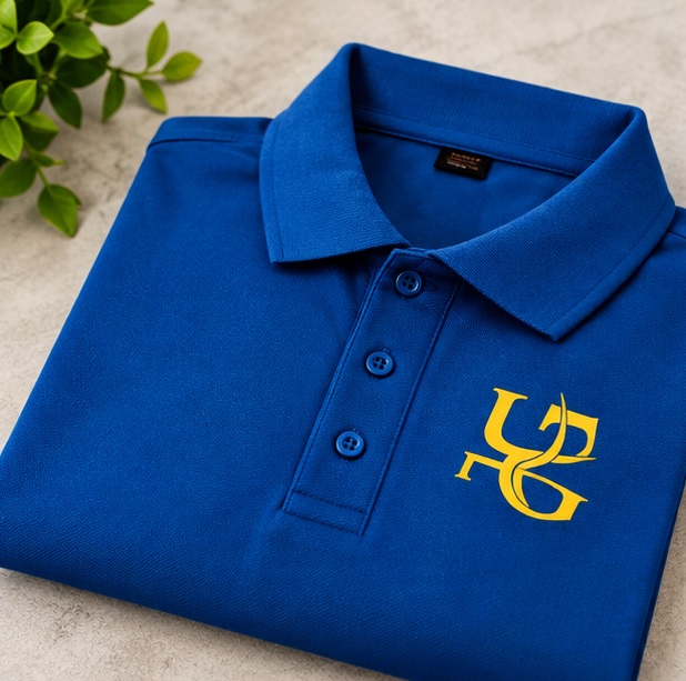Royal blue Udupi Grand cotton polo T-shirt with yellow screen printed UG logo