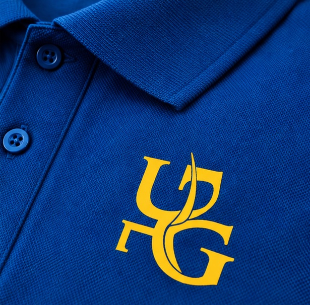 Close-up of the yellow screen printed Udupi Grand logo on blue polo fabric