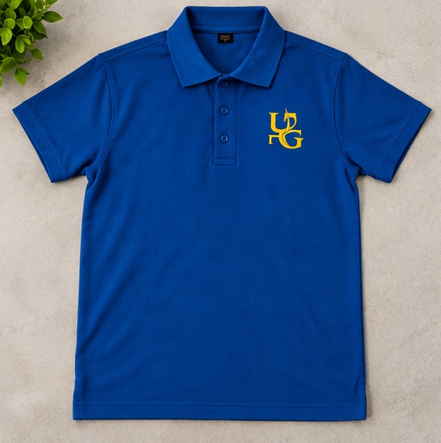 Full front view of the royal blue Udupi Grand polo T-shirt with yellow chest logo