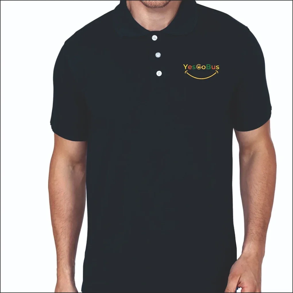 Black Yes Go Bus cotton polo T-shirt with the screen printed logo on the chest
